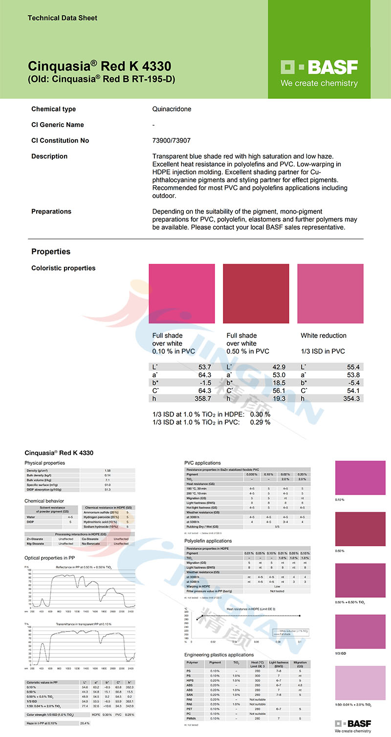  BASF Cinquasia Red K4330（P.V19）巴斯夫有机颜料红K4330/B RT-195-D